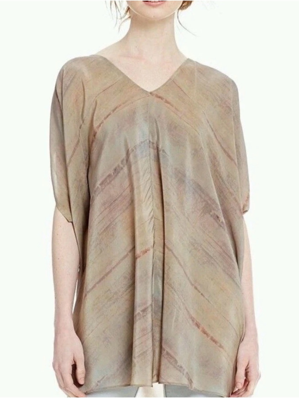 Eileen Fisher 100% Silk Taupe Mocha V-Neck Drape Tunic M